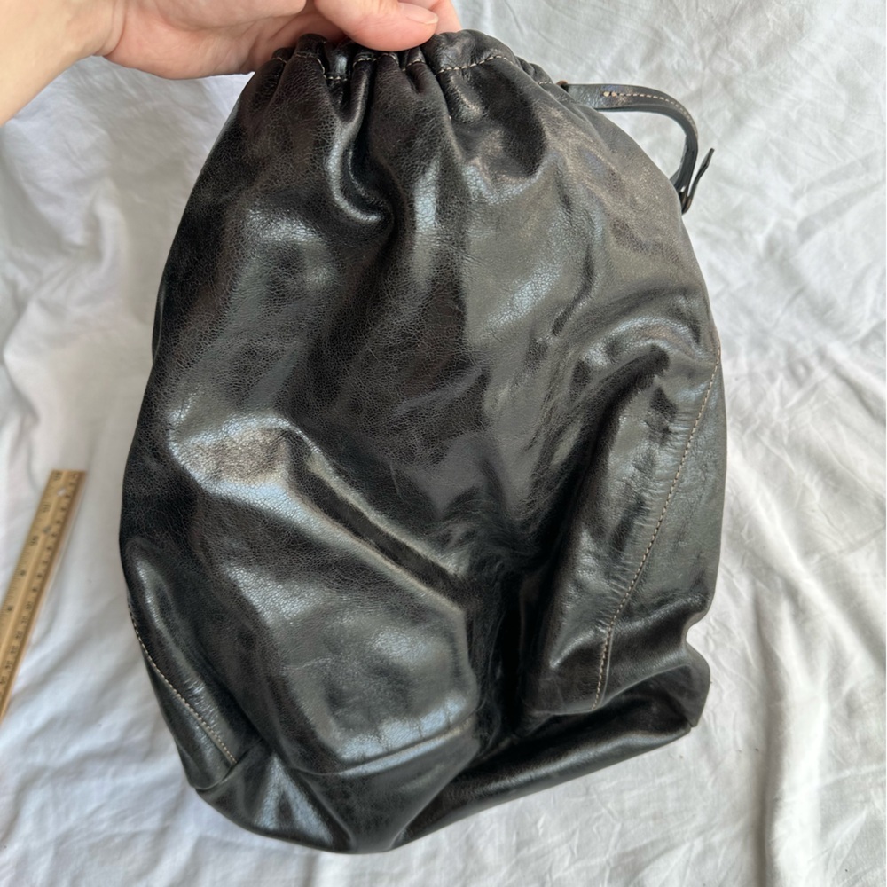 PRÜNE Black Leather Drawstring Backpack with Silver Floral Embroidery OS - Picture 3 of 7